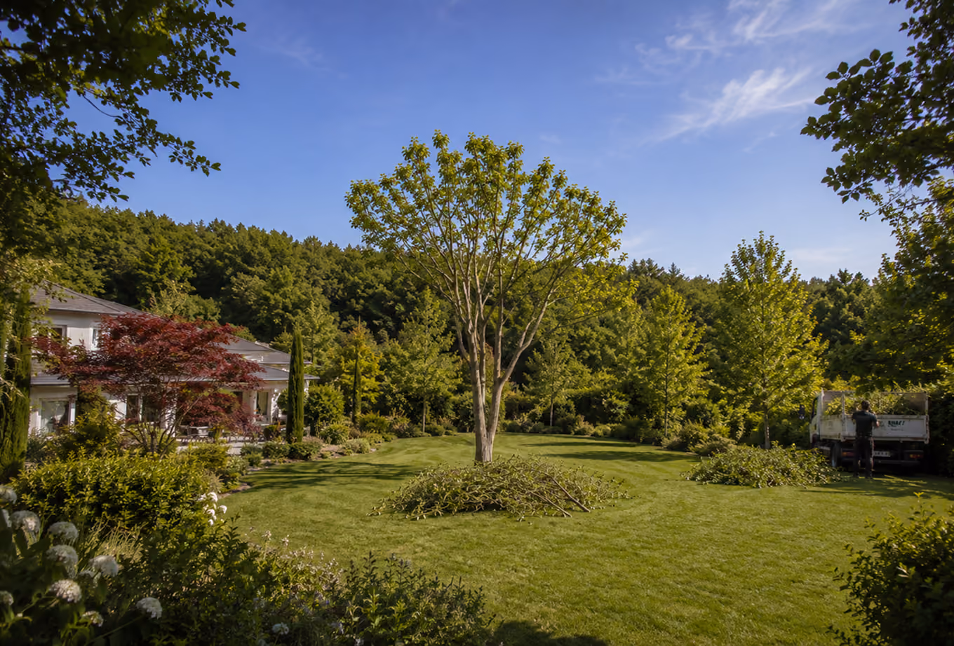 Jardin arboré avant une intervention d'élagage réalisée par les équipes de Vernay Paysage.