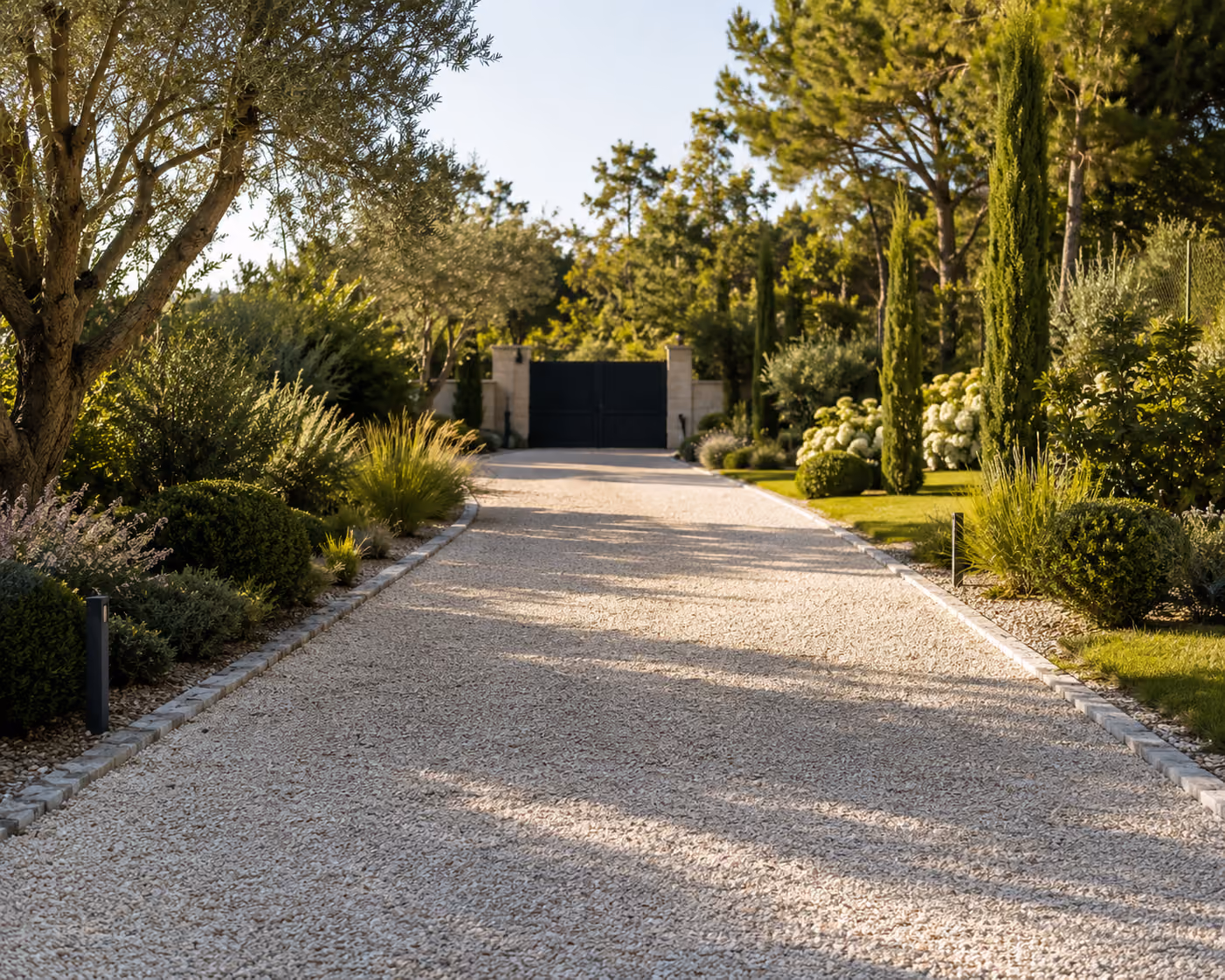 Allée en gravier stabilisé bordée de massifs végétalisés dans un jardin