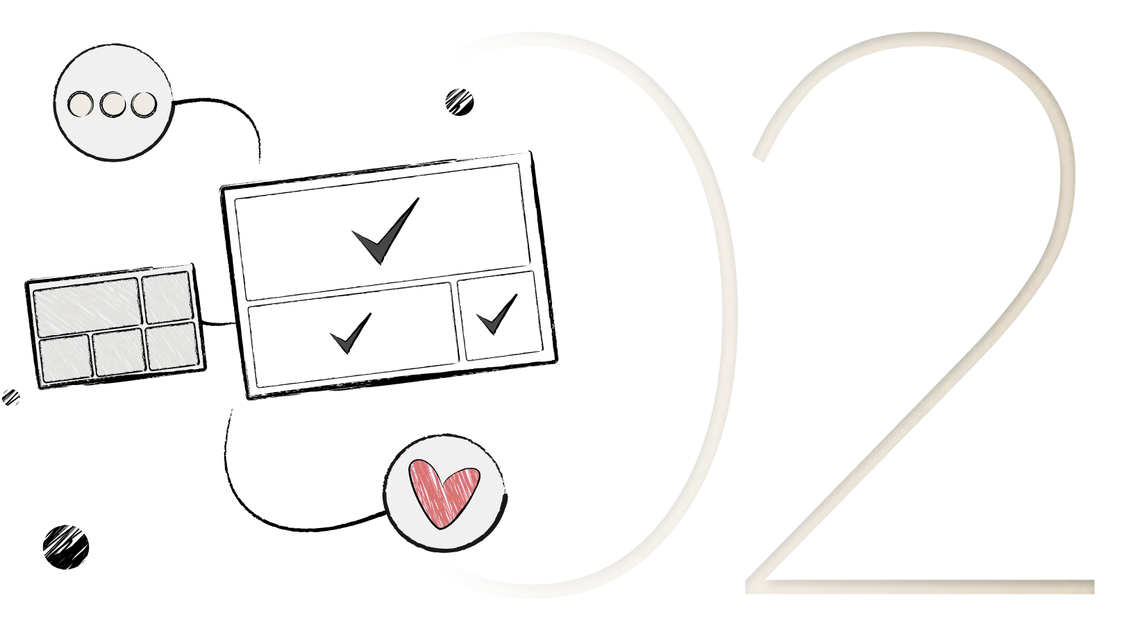 Number 2 in beige with icons: speech bubbles, check marks, window, and red heart in circles.