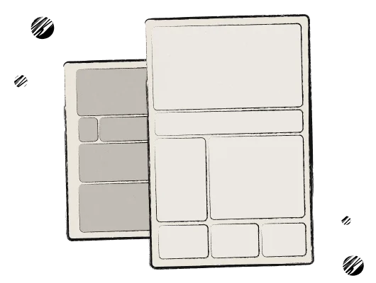 Two wireframe webpage layouts with blank content blocks in different rectangular shapes on a transparent background.