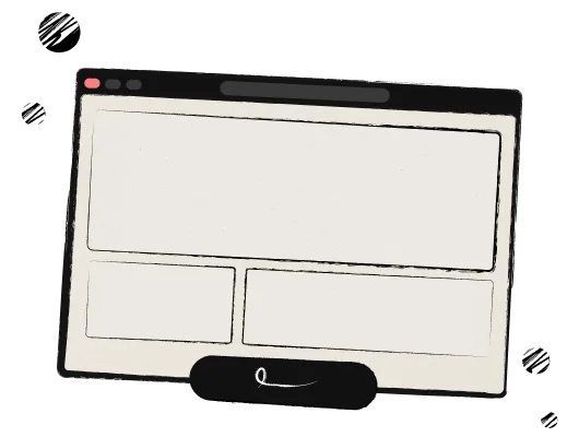Minimalist browser window mockup with one large rectangle above two smaller rectangles on a beige background.