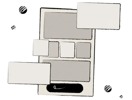 Sketch of a UI layout with multiple rectangular placeholder boxes and a rounded button at the bottom.
