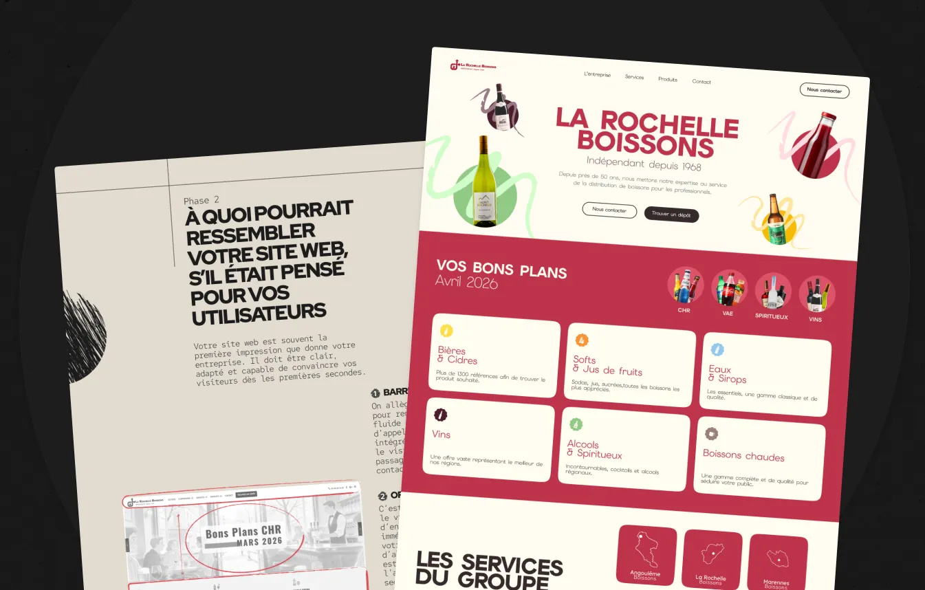 Digital mockup of La Rochelle Boissons website and user-focused web design concept in French.