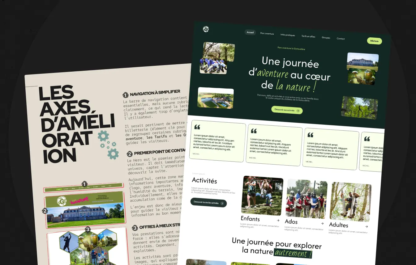 Two overlapping designs: a French improvement plan with text and a nature adventure website layout.