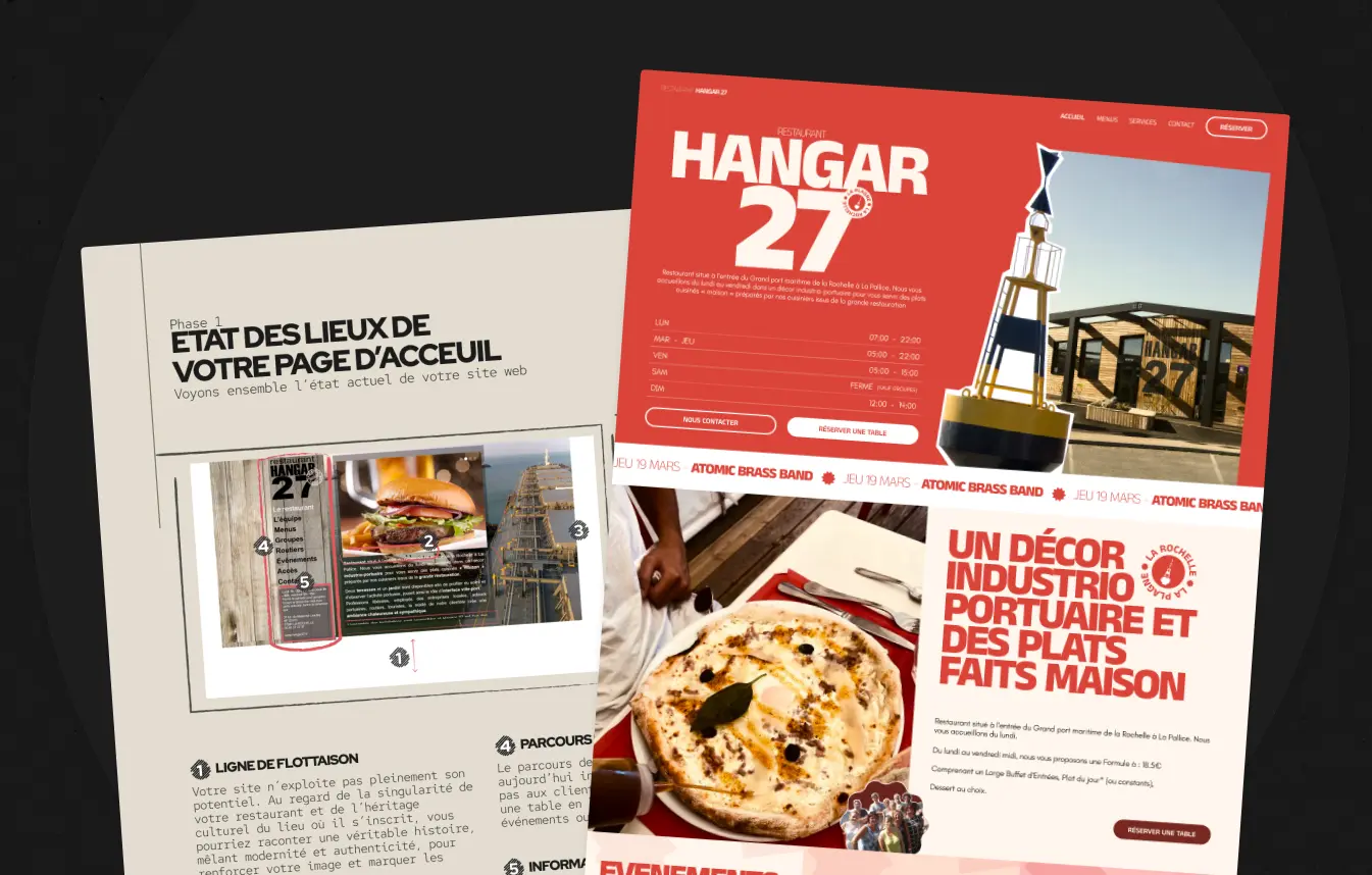 Two overlapping web page designs showcasing a restaurant with food images and French text on layout and decor.