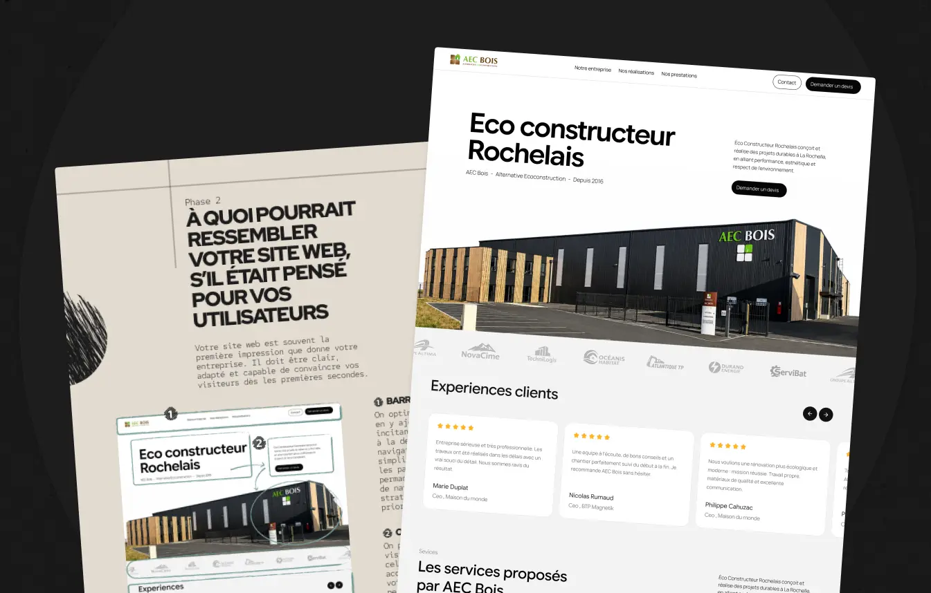 Two angled pages showing a website design for AEC Bois, an eco wood builder with client reviews and services.