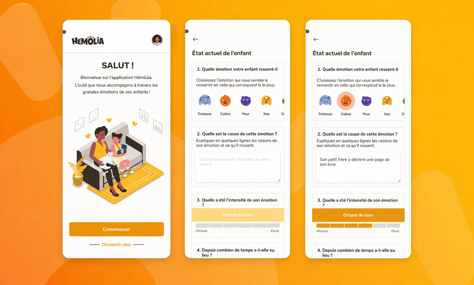 Three mobile screens of Hémôlia app showing welcome and child emotion tracking in French.