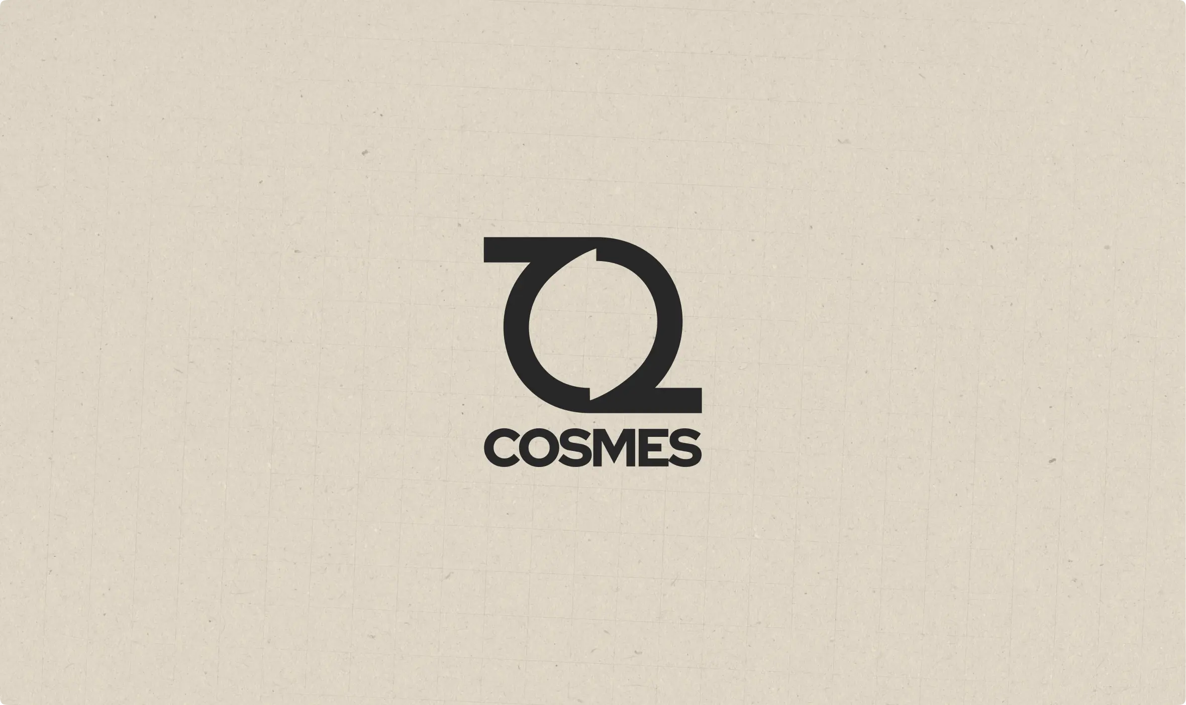 Black abstract circular logo with arrows above the word COSMES on a beige background.
