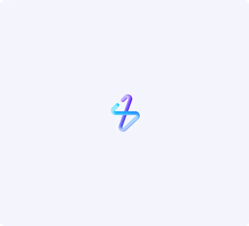 Abstraktes, blaues und violettes 3D-Logo auf einem hellen Hintergrund.