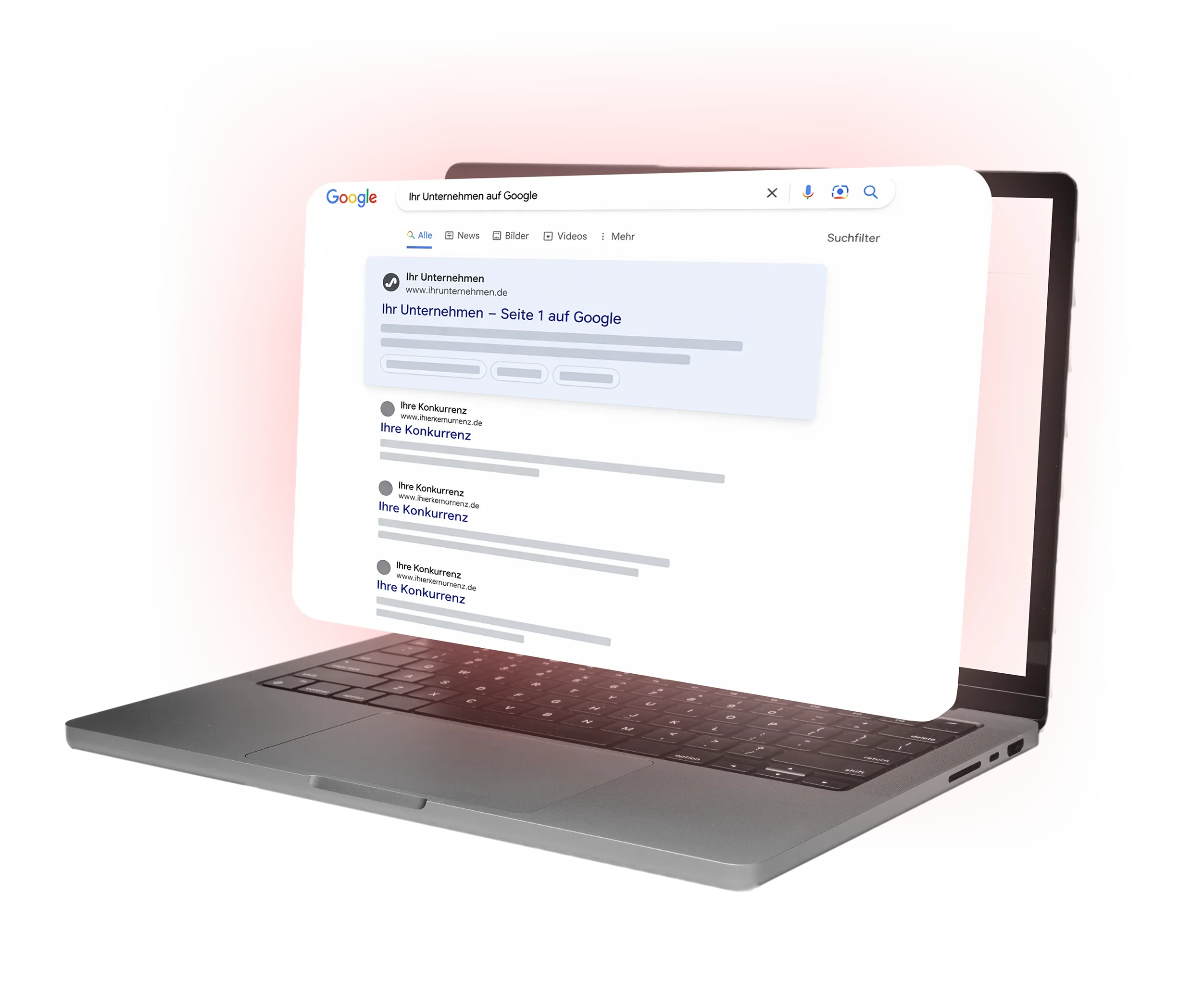 Laptop mit dargestelltem Google-Suchergebnis, das zeigt, dass Ihr Unternehmen auf der ersten Google-Seite steht, gefolgt von mehreren Einträgen der Konkurrenz.