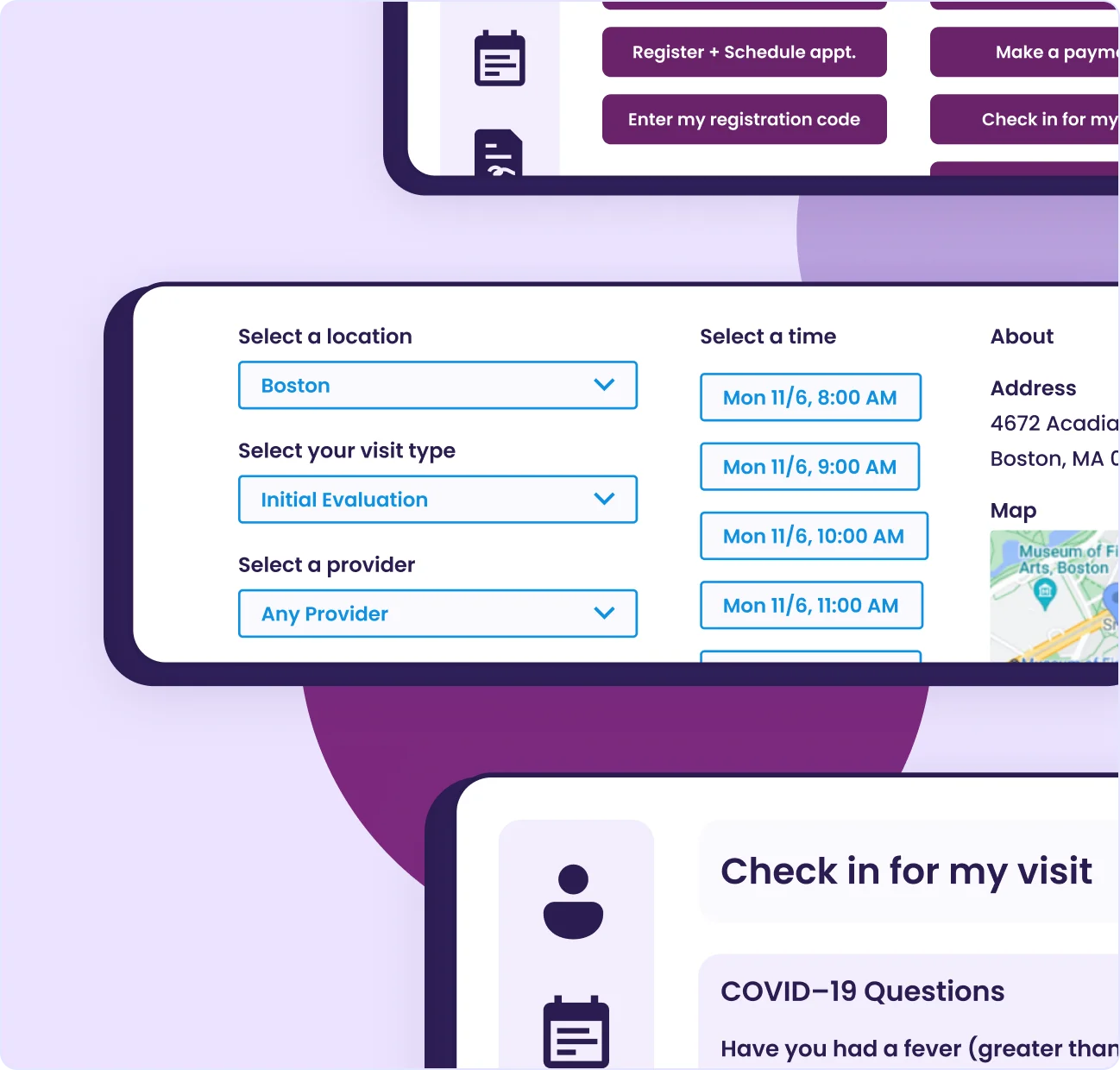Empower EMR patient portal screens for self-registration, booking an appointment time and checking in for a visit