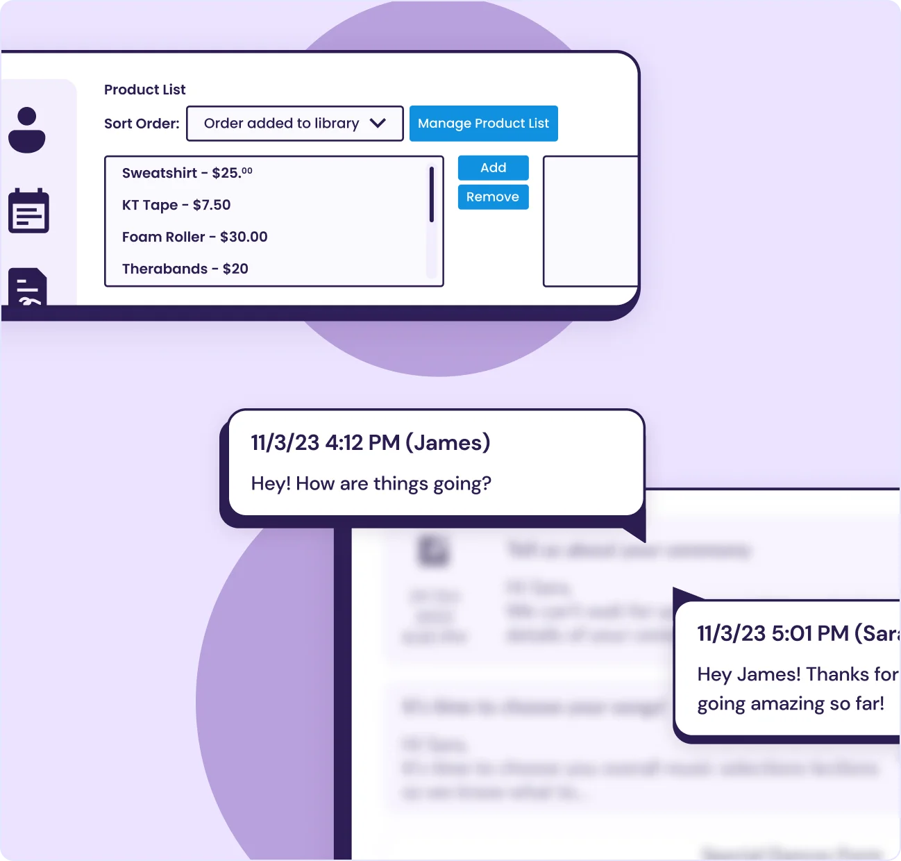 Empower EMR retail product list beside a patient messaging thread