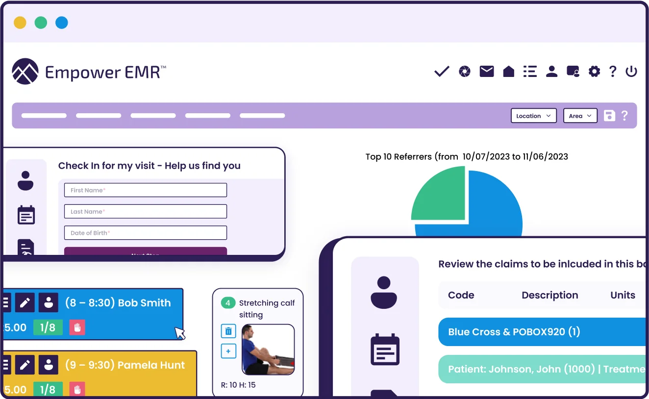 Empower EMR desktop view with patient check-in, referrer analytics, appointment schedule and claim review panels