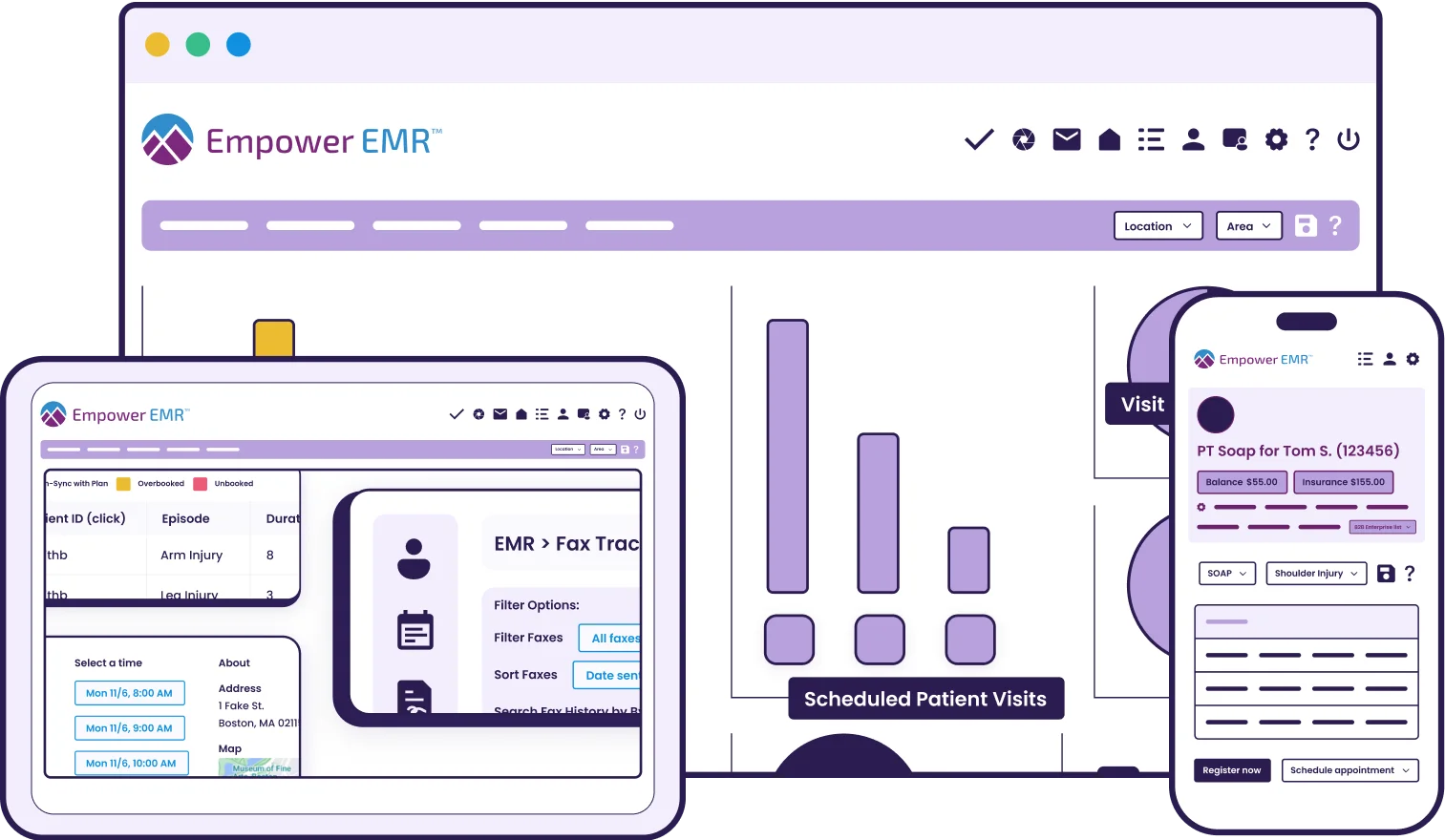Empower EMR on desktop, tablet and phone showing a scheduled visits chart, fax tracking and a mobile SOAP note