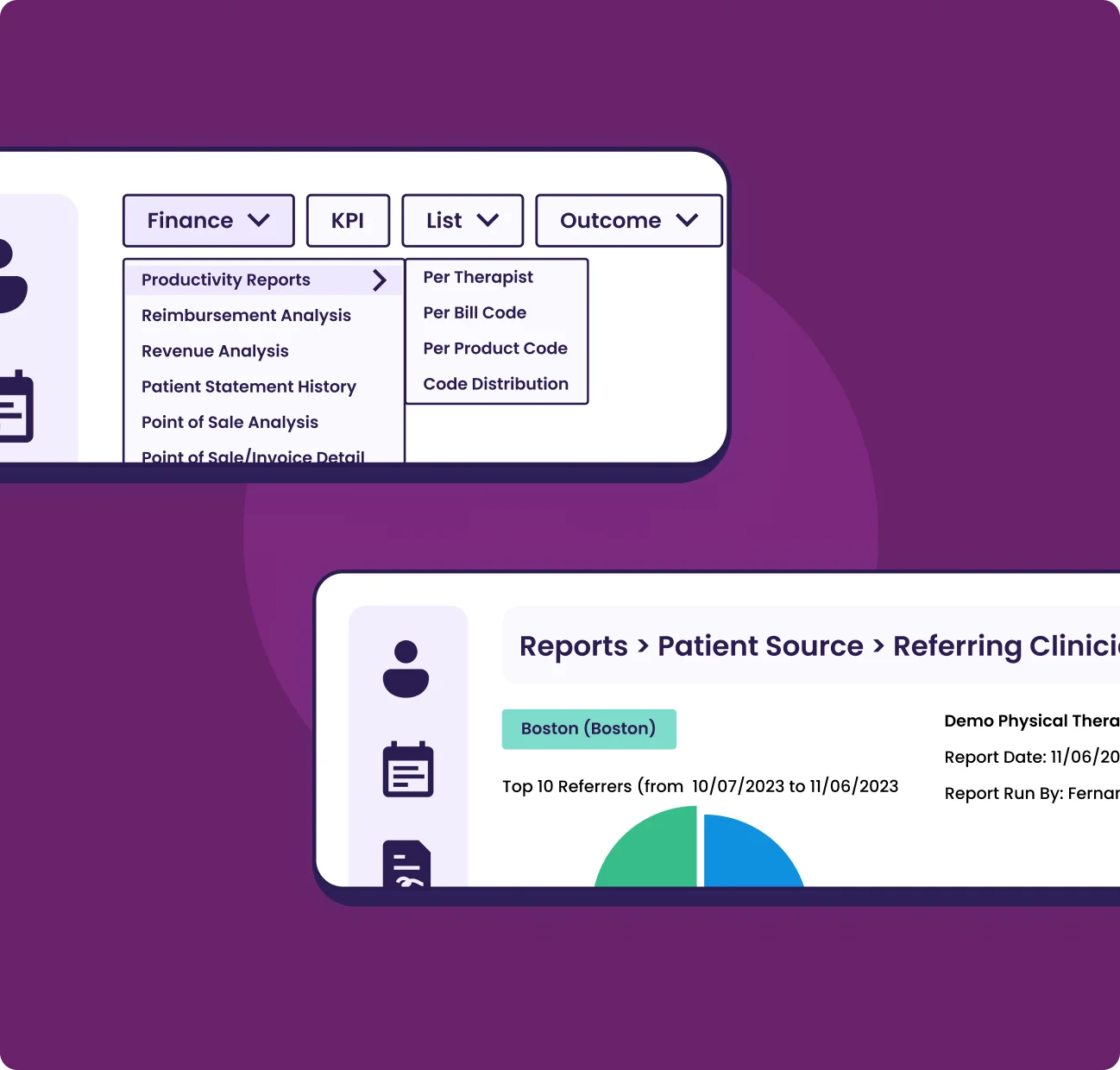 Empower EMR reporting menus showing productivity and revenue reports plus a top referring clinician breakdown