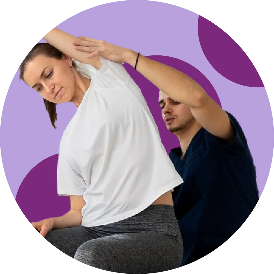 Physical therapist guiding a seated patient through a lateral neck stretch