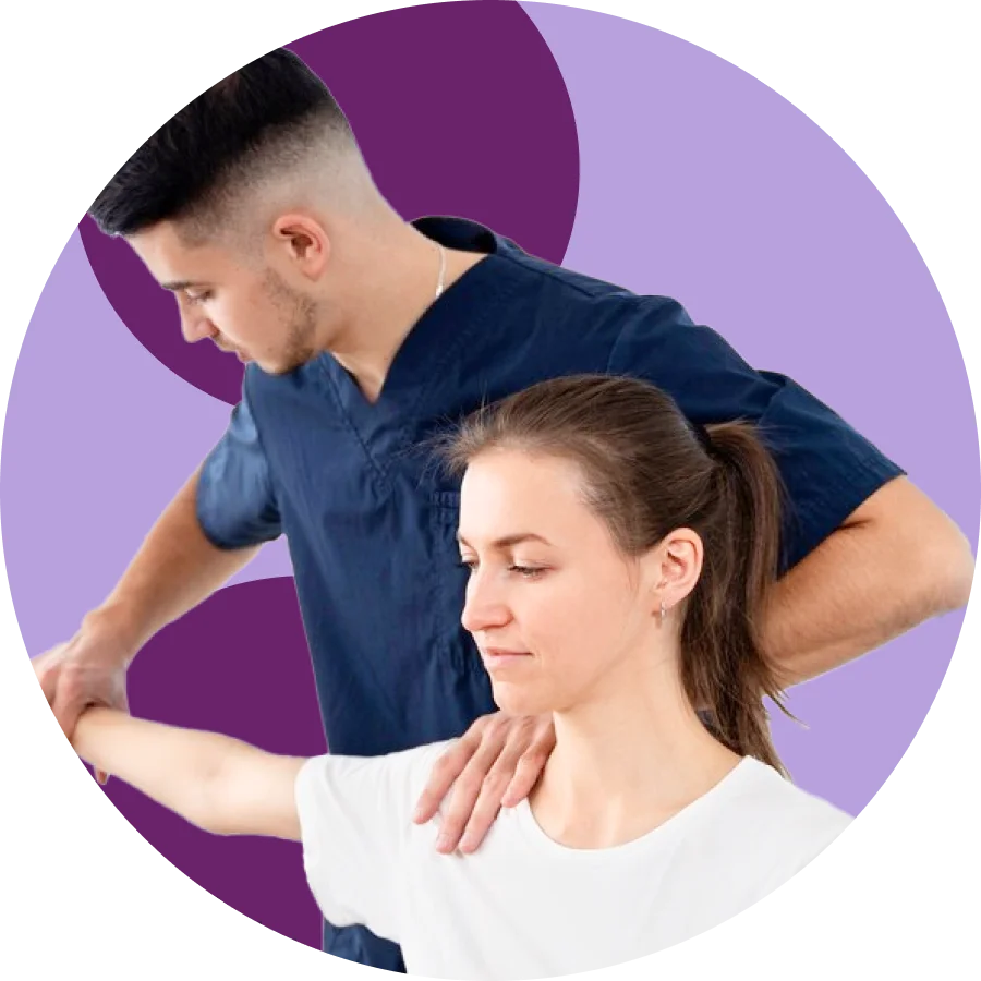 Physical therapist stabilizing a patient's shoulder while guiding her extended arm
