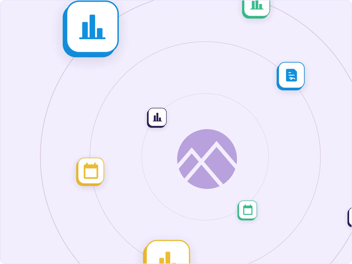 Empower EMR logo surrounded by orbiting rings of reporting, document and calendar icons