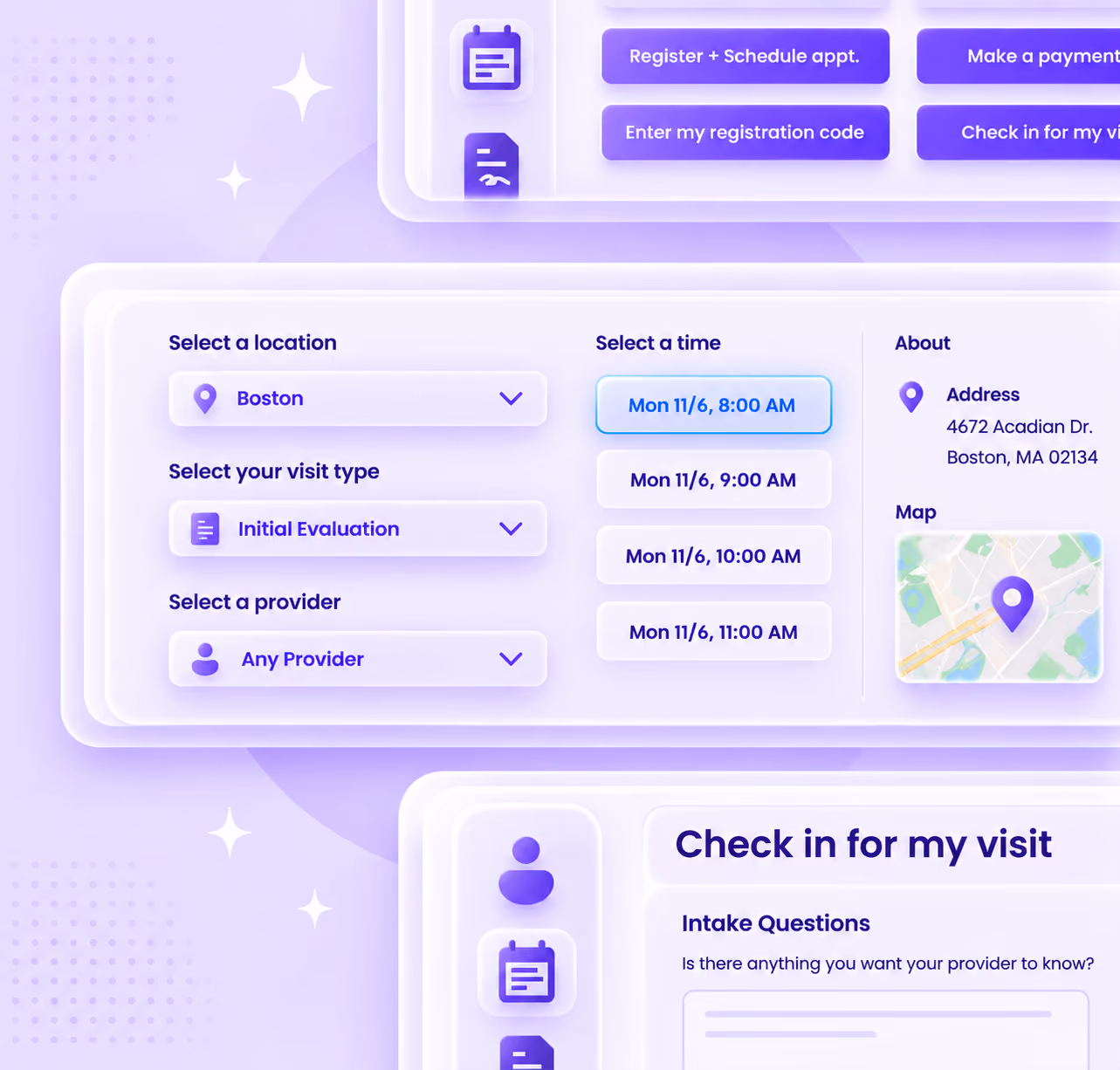 Empower EMR patient portal screens for self-registration, booking an appointment time and checking in for a visit