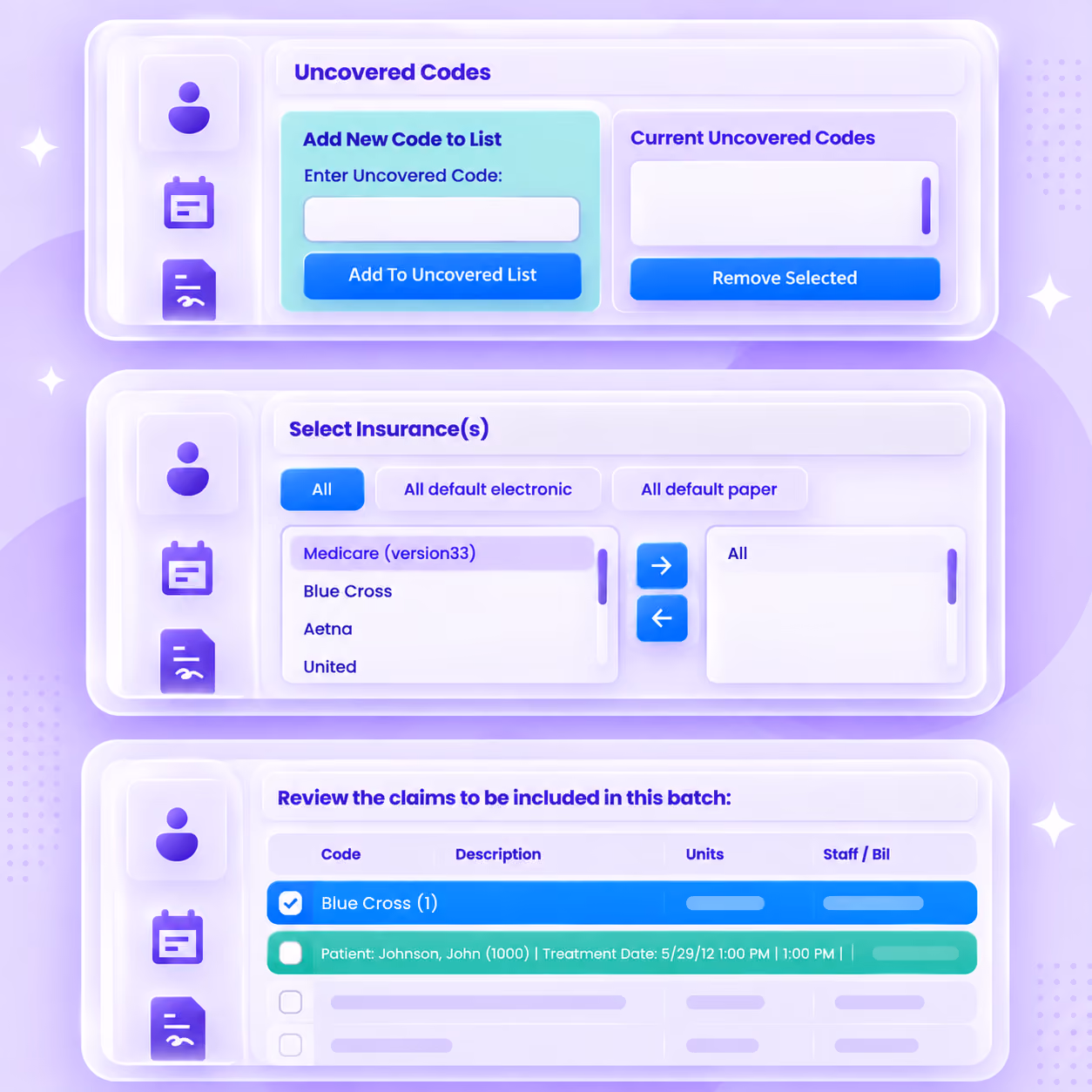 Empower EMR billing screens for managing uncovered codes, selecting insurance payers and reviewing a claim batch