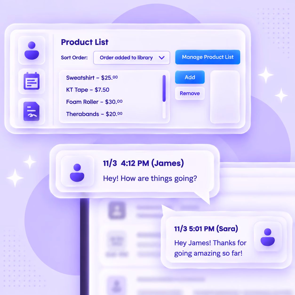 Empower EMR retail product list beside a patient messaging thread