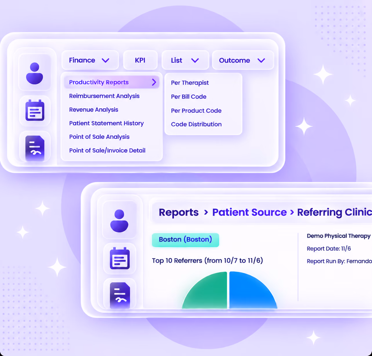 Empower EMR reporting menus showing productivity and revenue reports plus a top referring clinician breakdown