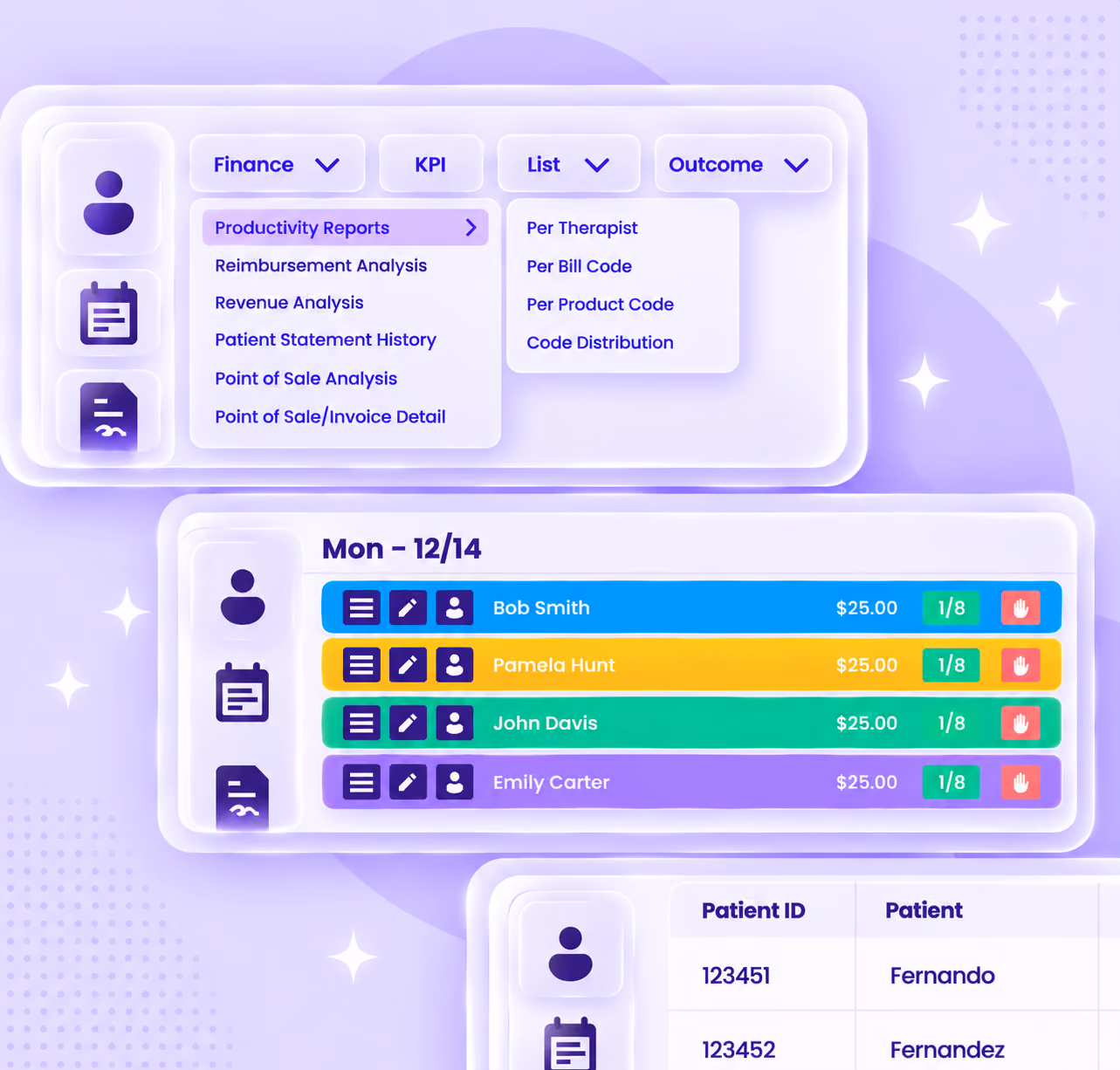Empower EMR reporting menus showing productivity and revenue reports plus a top referring clinician breakdown