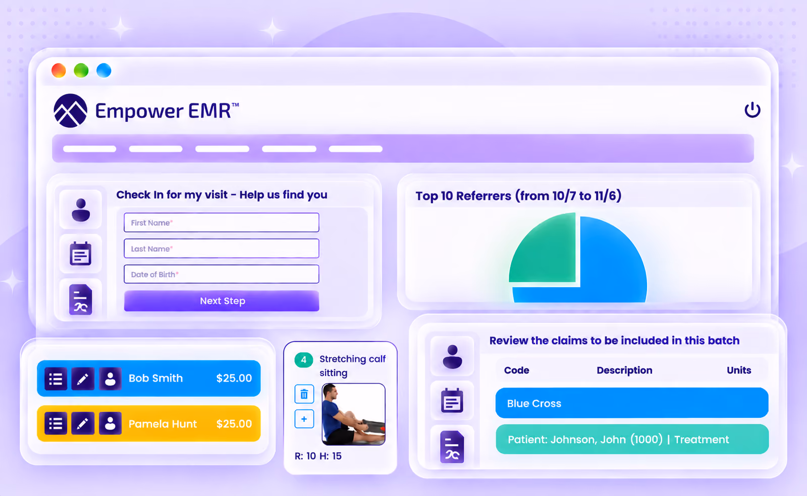 Empower EMR on desktop, tablet and phone showing a scheduled visits chart, fax tracking and a mobile SOAP note