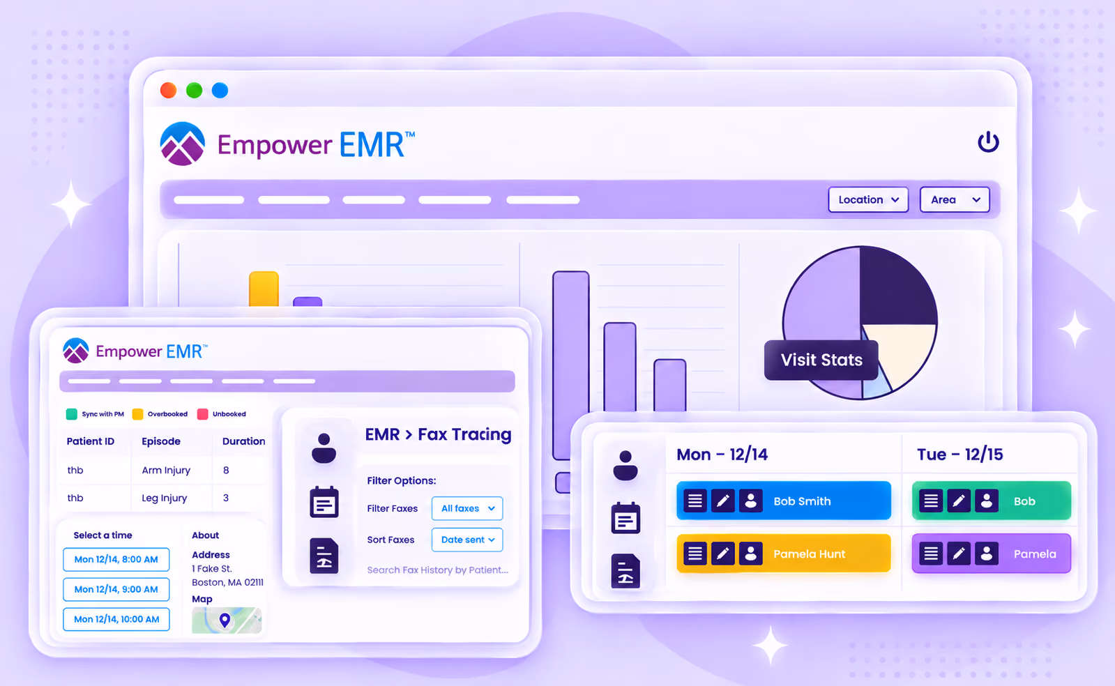 Empower EMR on desktop, tablet and phone showing a scheduled visits chart, fax tracking and a mobile SOAP note