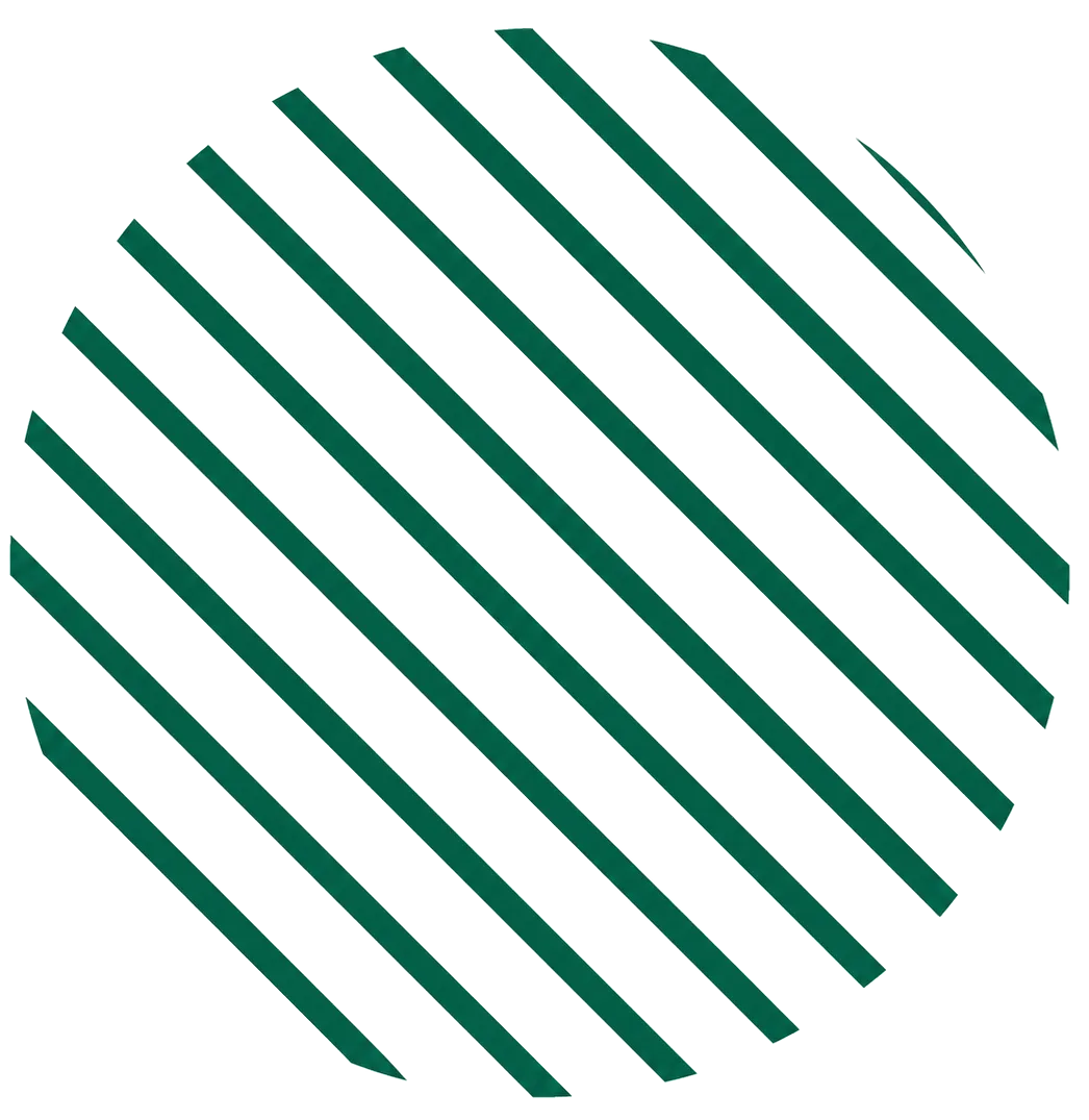 Abstract circular design with diagonal dark green stripes on a transparent background.