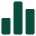 Bar chart with three vertical bars of different heights in dark green on a black background.
