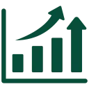 Bar chart with four bars increasing in height from left to right with an arrow showing upward trend.