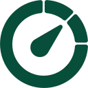 Green speedometer icon with needle pointing upward enclosed in a circle.