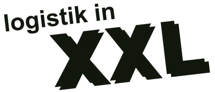 Text reading 'logistik in XXL' in bold, informal style on a dark background.