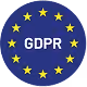 Blue circle with twelve yellow stars and white letters GDPR in the center.