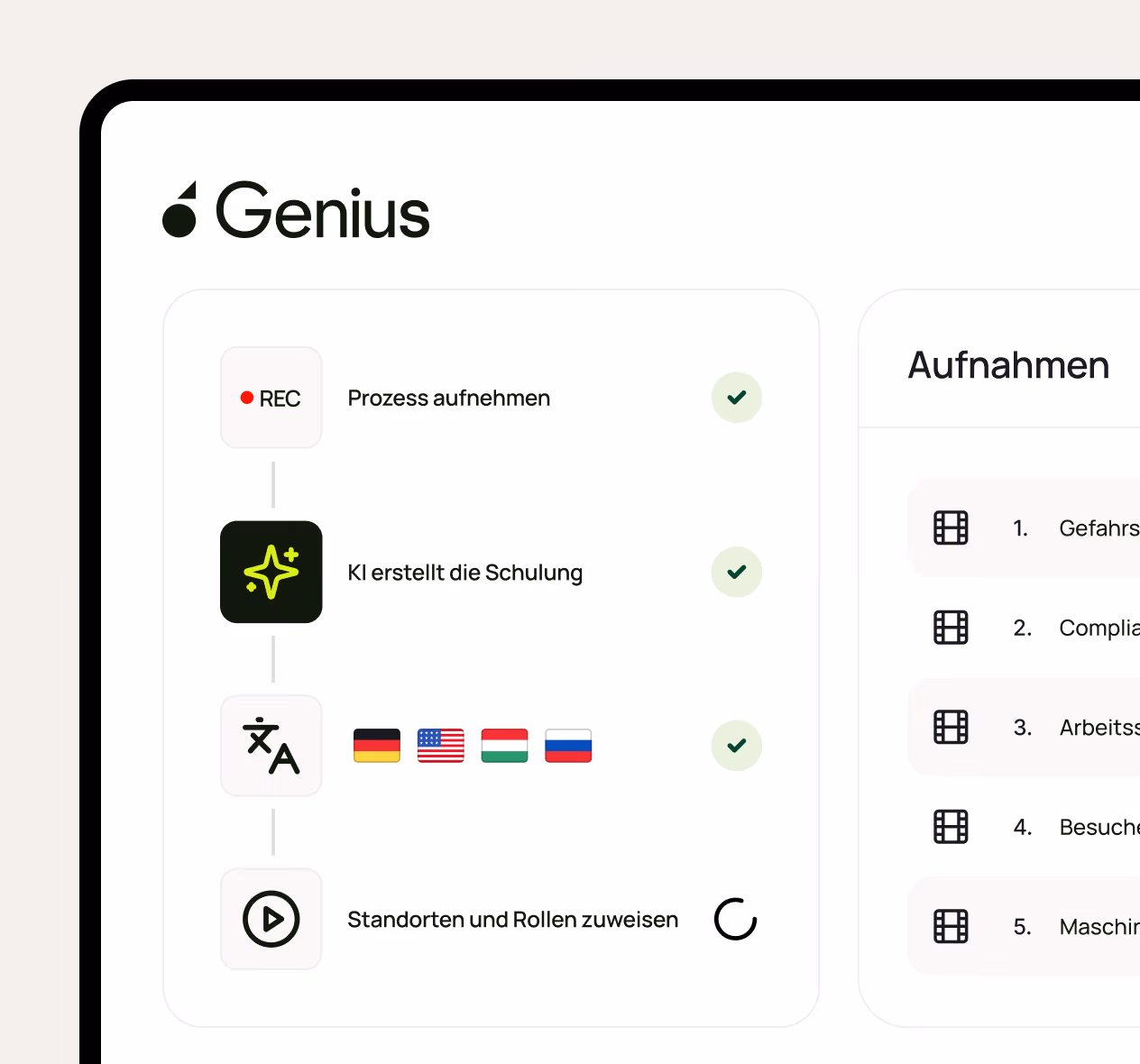 Genius app workflow showing AI creating training after recording a process with translations and role assignments pending.