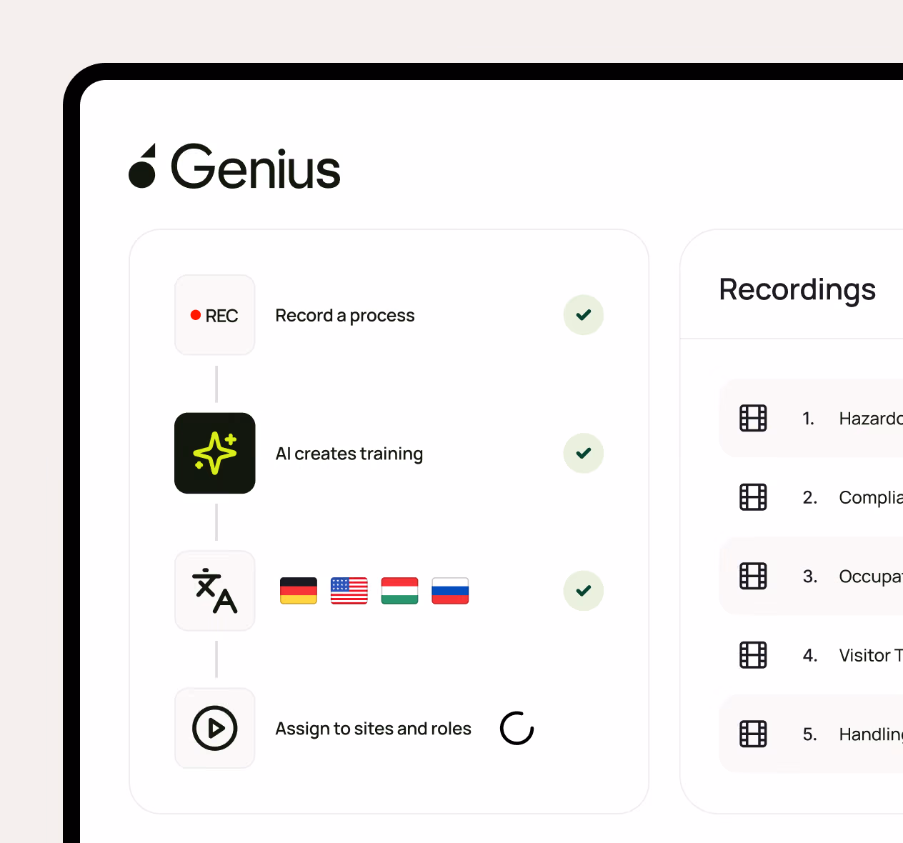 Genius app interface showing steps: record process, AI creates training, translates, assign roles with checkmark icons.