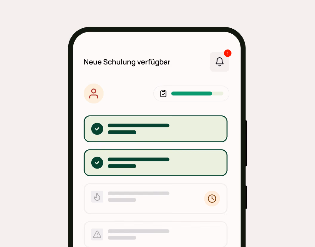 Mobile screen showing lessons with progress bar, completed tasks in green, and a notification bell with one alert.