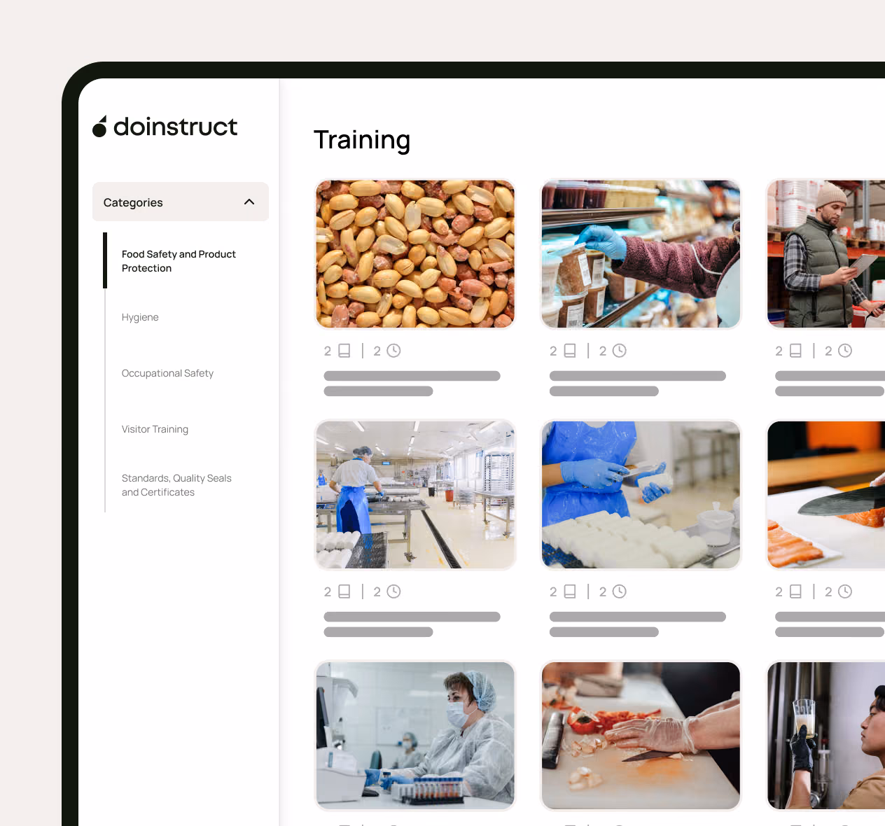 Training section in food safety software showing categories and images of food handling and inspection tasks.
