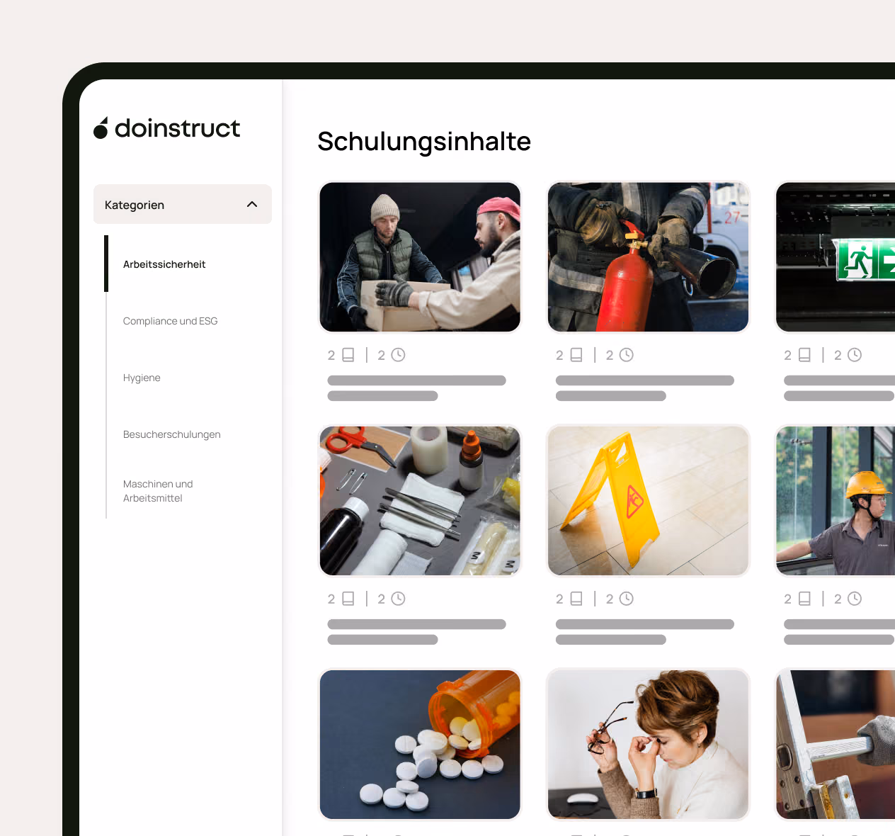 Interface showing categories and training content with images on safety, hygiene, and workplace topics.
