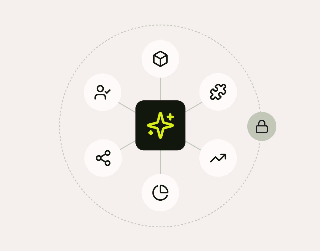 Central star icon connected to six icons including person, cube, puzzle, graph, pie chart, and network nodes.