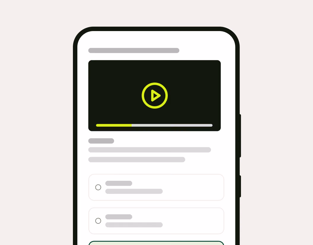 Smartphone screen showing a video player with play button and progress bar, plus text and multiple choice options.
