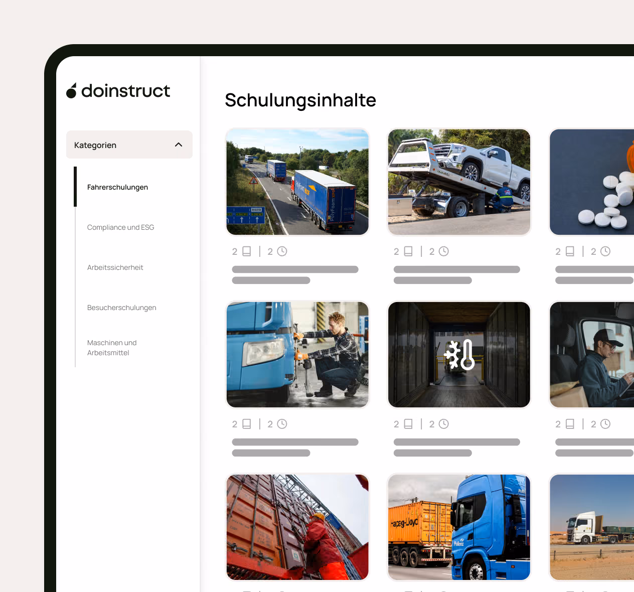 Website interface showing logistics training topics with images of trucks, workers, and containers.