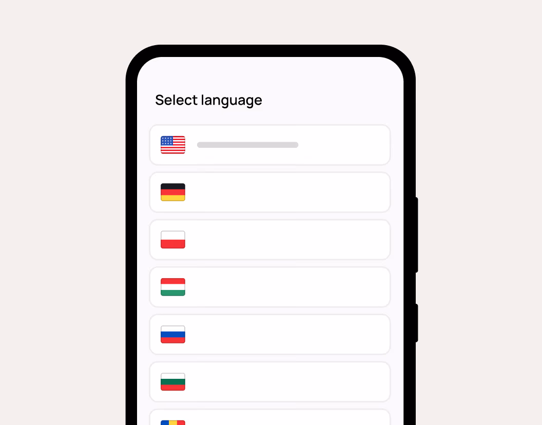Mobile screen showing a language selection menu with country flags and Select language text.