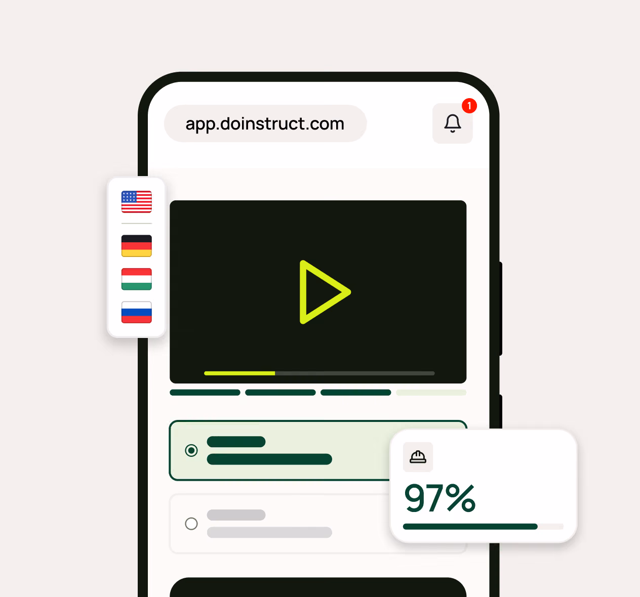 Mobile screen showing app.doinstruct.com with video player, language options, and 97% progress indicator.