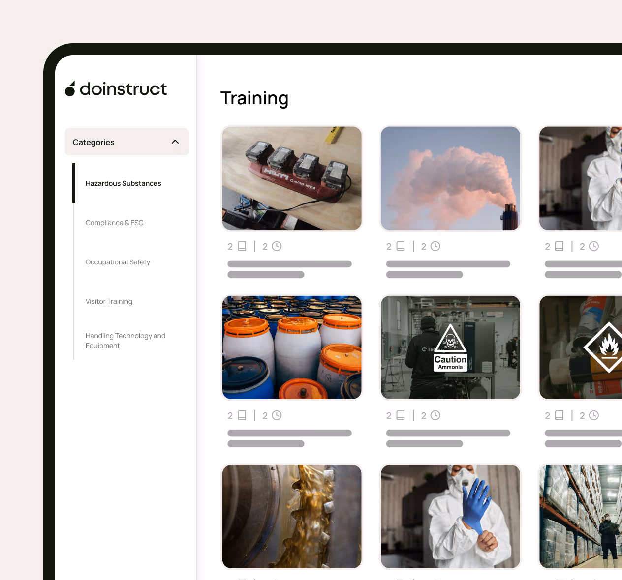 Dashboard showing training categories and modules with images of equipment, barrels, safety gear, and industrial scenes.