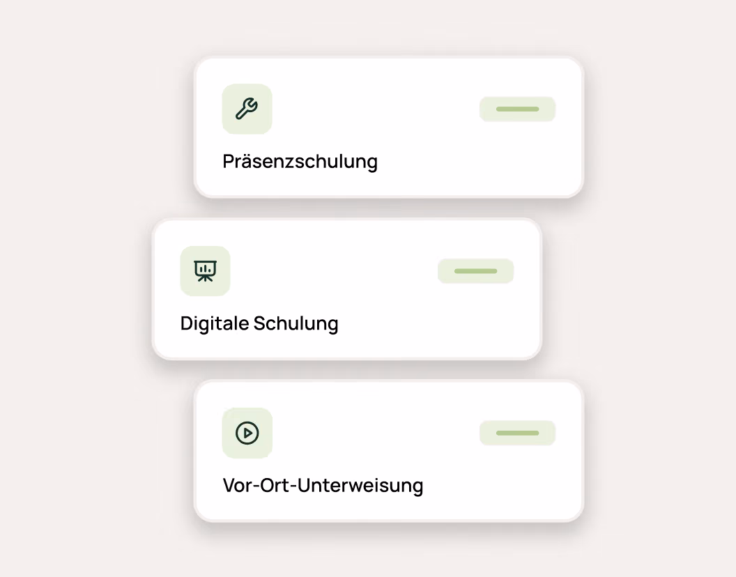 Three labeled cards showing training types: in-person, digital, and on-site instruction with icons.