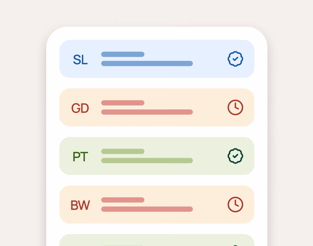 List with four colored rows, each showing two-letter codes, bars, and status icons of checkmarks or clocks.