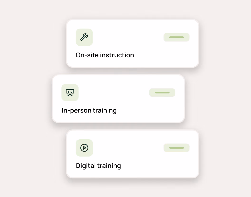 Three white cards with icons and labels: On-site instruction, In-person training, and Digital training.
