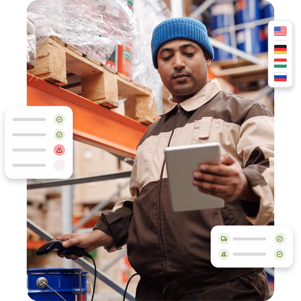 Warehouse worker scans a blue bucket while checking data on a tablet, surrounded by shelves and icons.